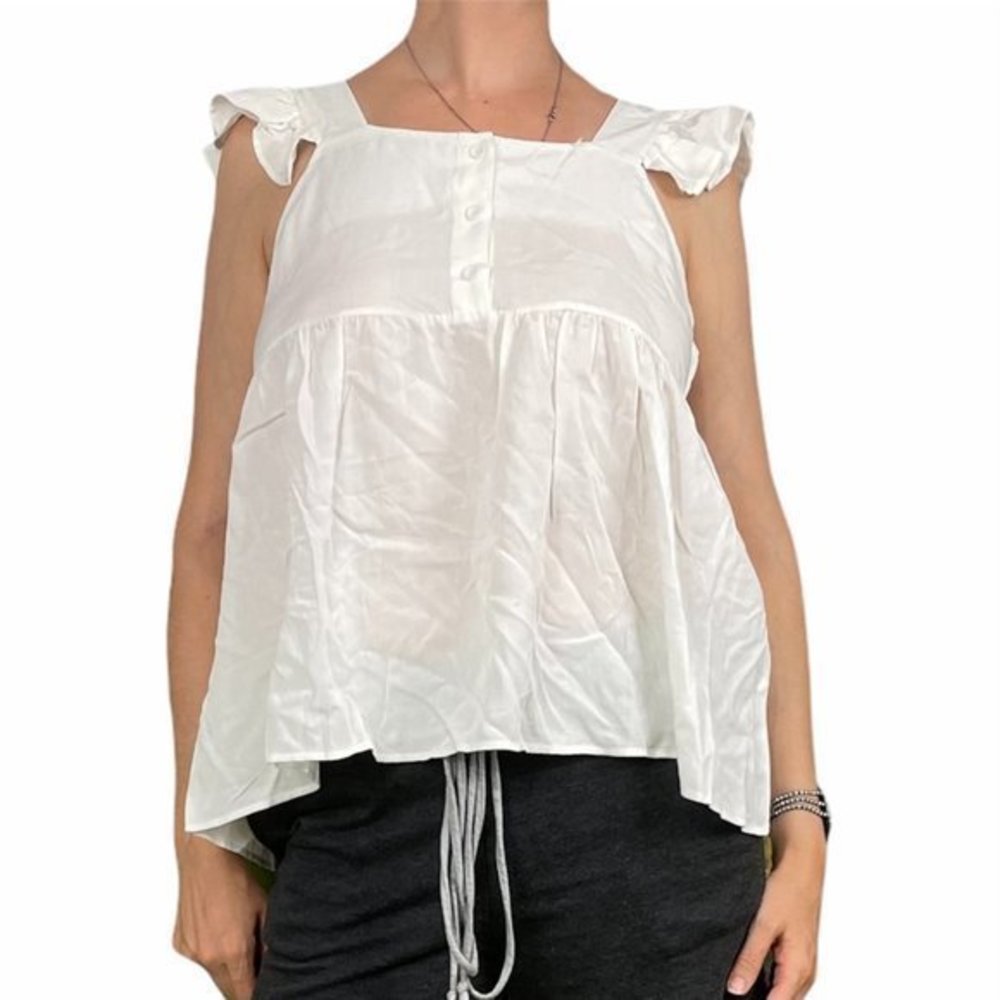 CAMISA White Ruffle Button Empire Waist Top Large